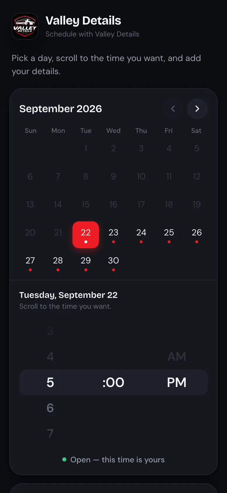 Valley Details reschedule page with a month calendar and a time picker