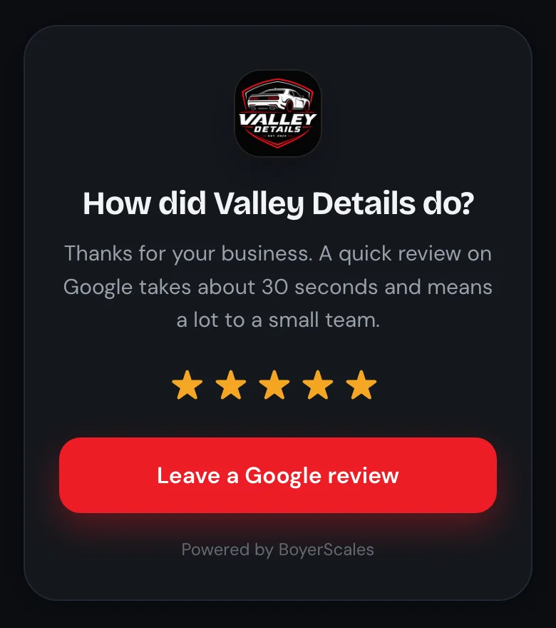 Valley Details review page with the Valley Details logo: How did Valley Details do? Leave a Google review